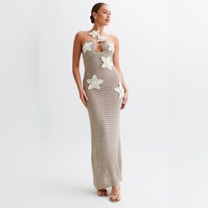 Meshki Beige Crochet Maxi Dress with White Floral Appliqués